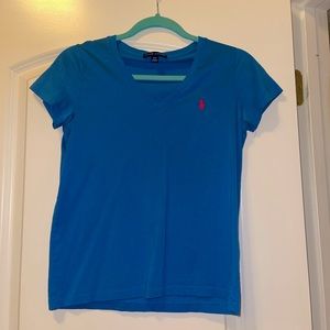 ralph lauren polo v neck blue tee pink logo